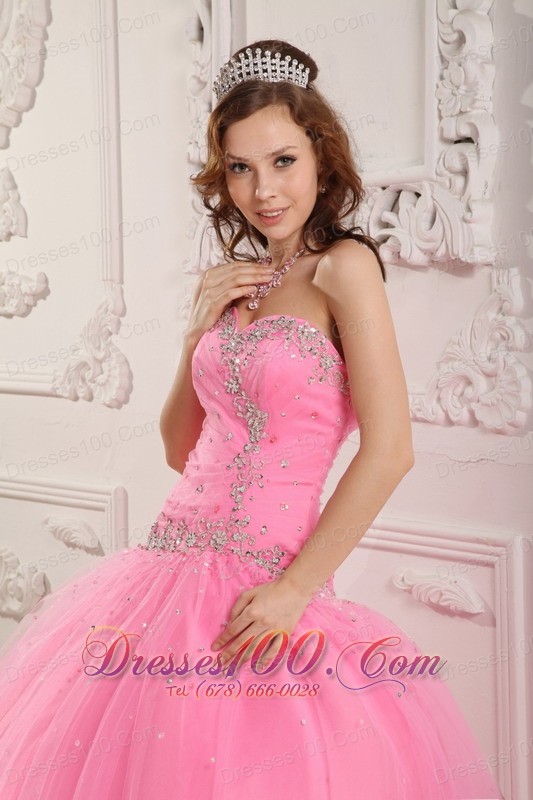 Rose Pink Dresses for A Quince Tulle Beading Appliques