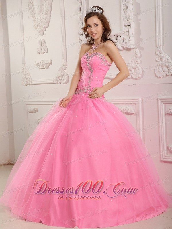 Rose Pink Dresses for A Quince Tulle Beading Appliques