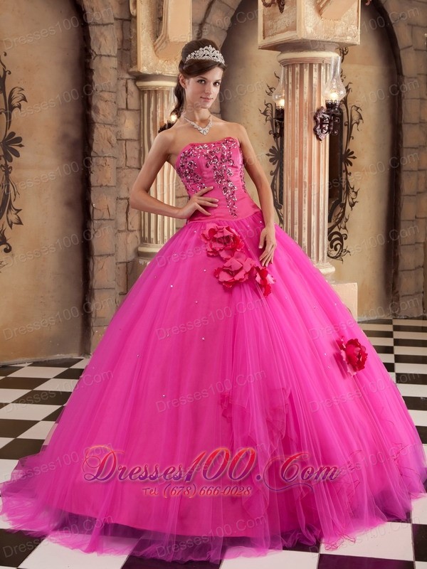 Hot Pink Quinceanera Dress Satin and Tulle Beading Flowers