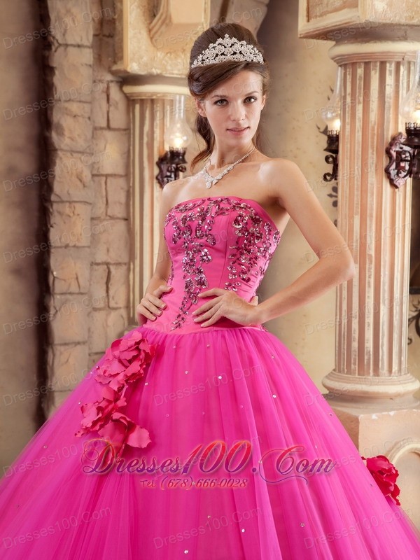 Hot Pink Quinceanera Dress Satin and Tulle Beading Flowers