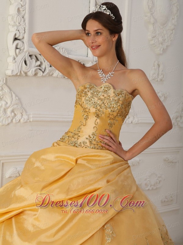 A-Line Beaded Gold Quinceanera Dress Taffeta and Organza