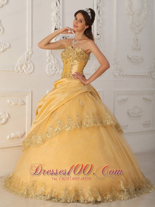 A-Line Beaded Gold Quinceanera Dress Taffeta and Organza