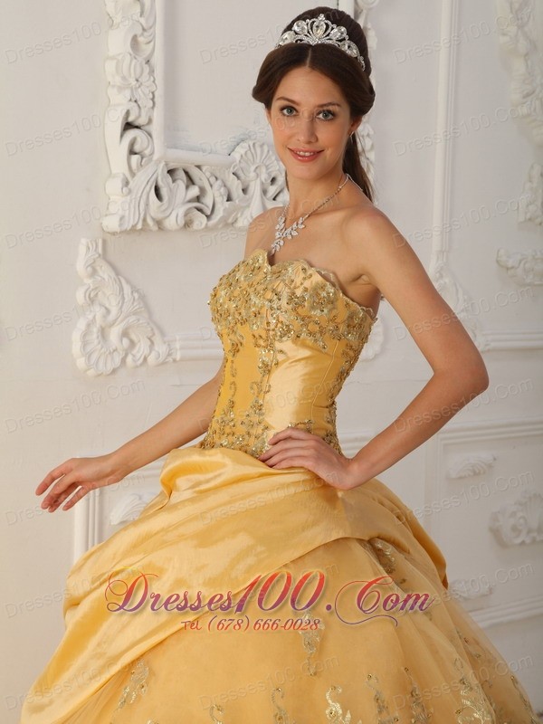 A-Line Beaded Gold Quinceanera Dress Taffeta and Organza