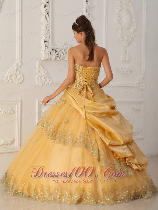 A-Line Beaded Gold Quinceanera Dress Taffeta and Organza