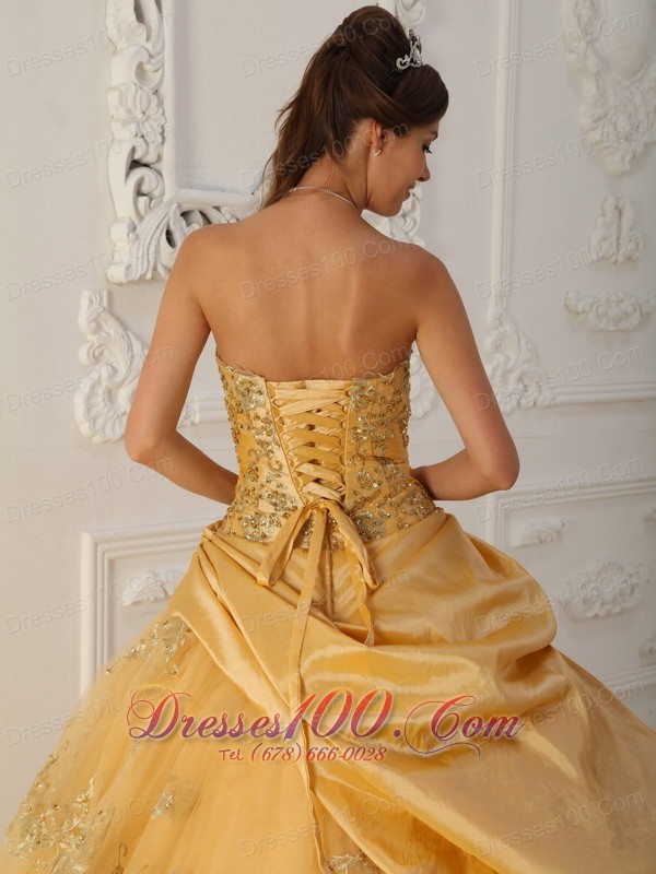 A-Line Beaded Gold Quinceanera Dress Taffeta and Organza