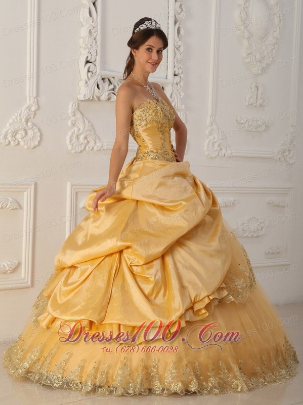 A-Line Beaded Gold Quinceanera Dress Taffeta and Organza