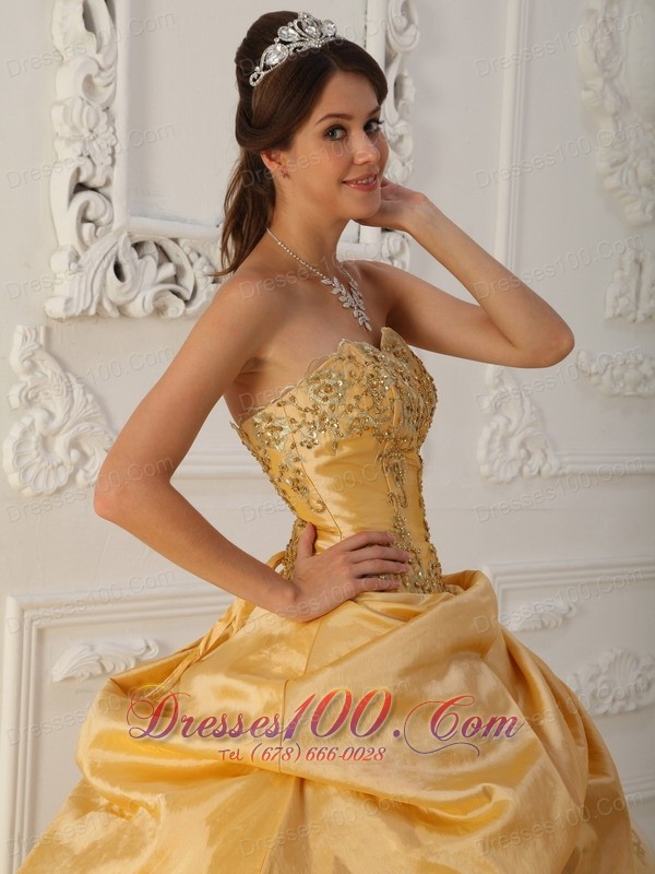 A-Line Beaded Gold Quinceanera Dress Taffeta and Organza
