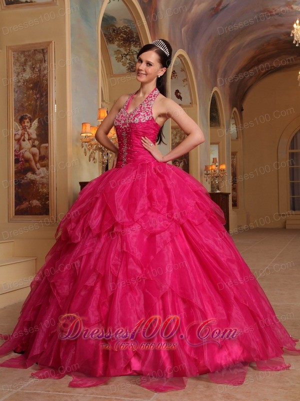 Organza Embroidery Halter Hot Pink Sweet sixteen Dresses