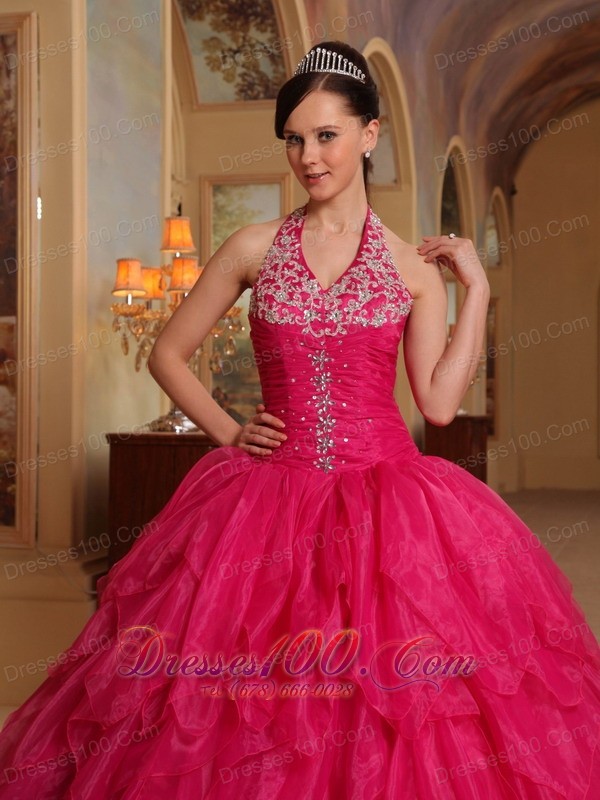 Organza Embroidery Halter Hot Pink Sweet sixteen Dresses