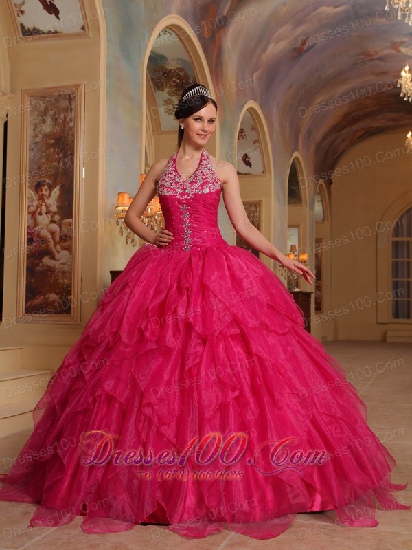 Organza Embroidery Halter Hot Pink Sweet sixteen Dresses