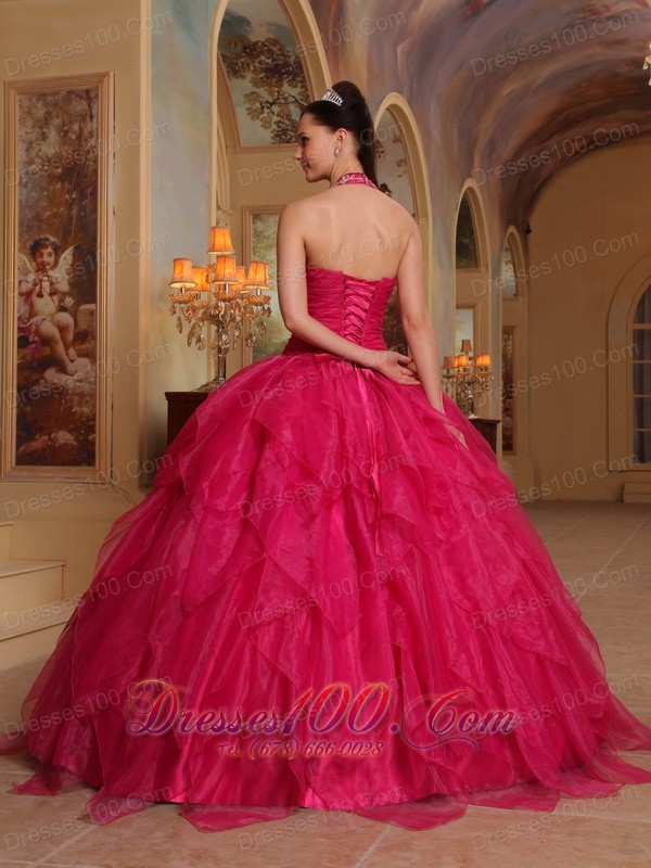 Organza Embroidery Halter Hot Pink Sweet sixteen Dresses