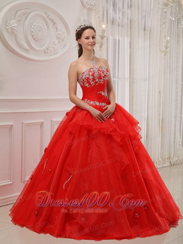Red Ball Gown Quinceanera Dress Taffeta and Organza Appliques