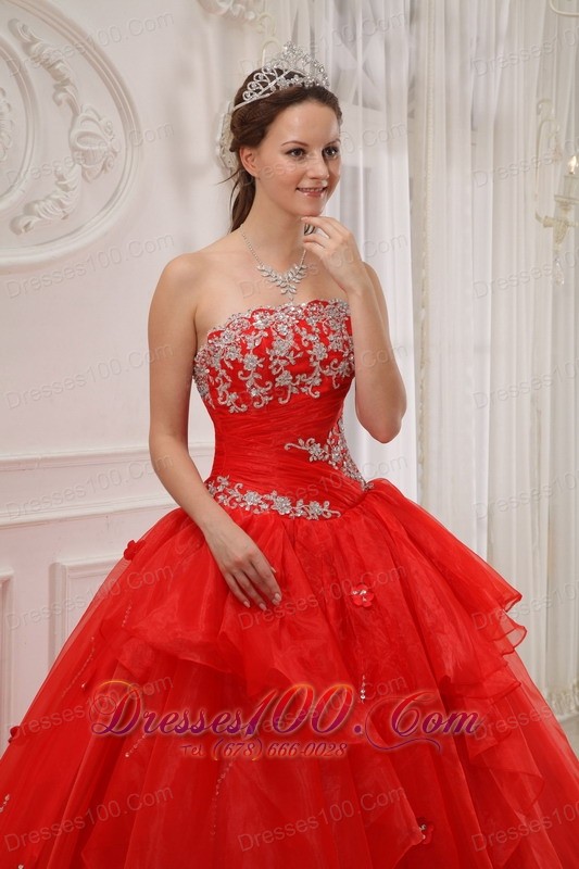 Red Ball Gown Quinceanera Dress Taffeta and Organza Appliques