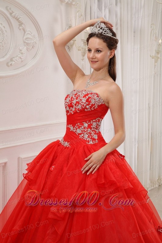 Red Ball Gown Quinceanera Dress Taffeta and Organza Appliques