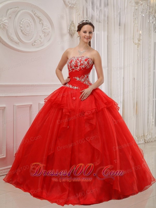 Red Ball Gown Quinceanera Dress Taffeta and Organza Appliques