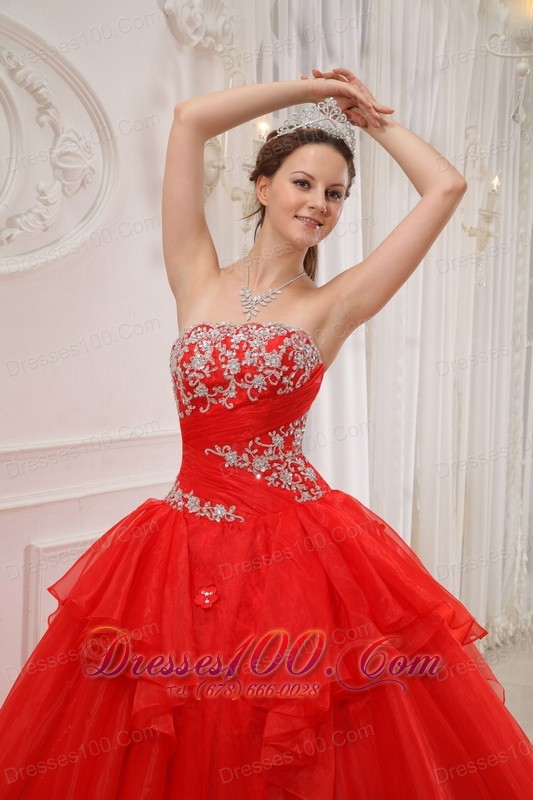 Red Ball Gown Quinceanera Dress Taffeta and Organza Appliques