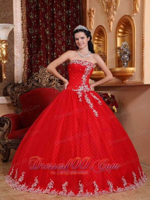 Strapless Tulle Lace Appliques Red Quinceanera Dress