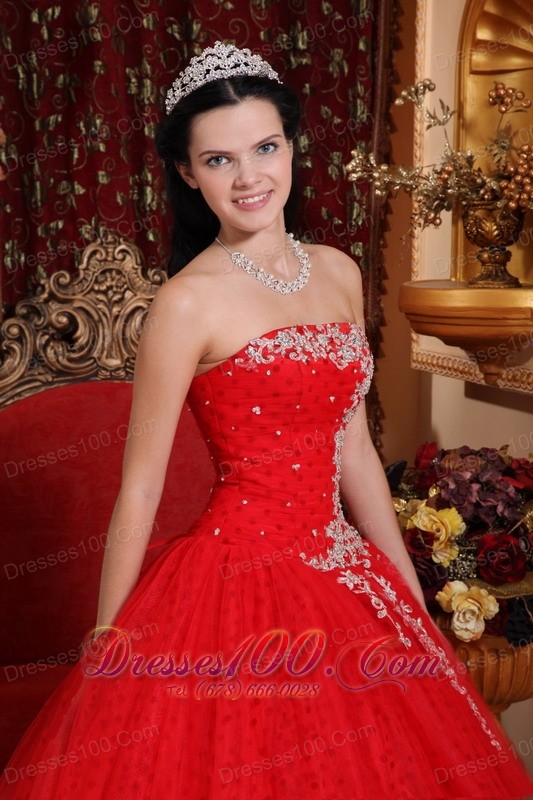 Strapless Tulle Lace Appliques Red Quinceanera Dress