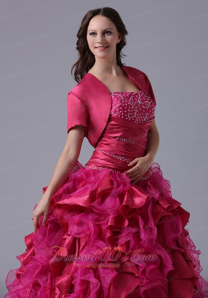 Ruffled and Beaded Decorate Fuchsia Ball Gowns With Ruch