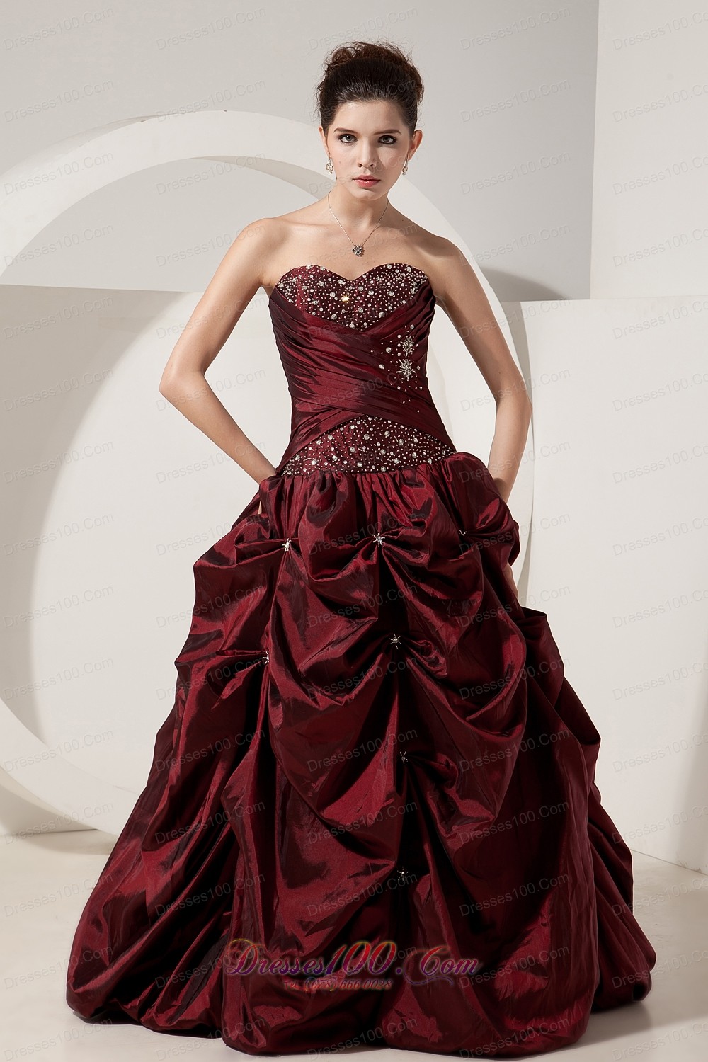 A-line Beading Taffeta Burgundy Dresses for Quinceaneras