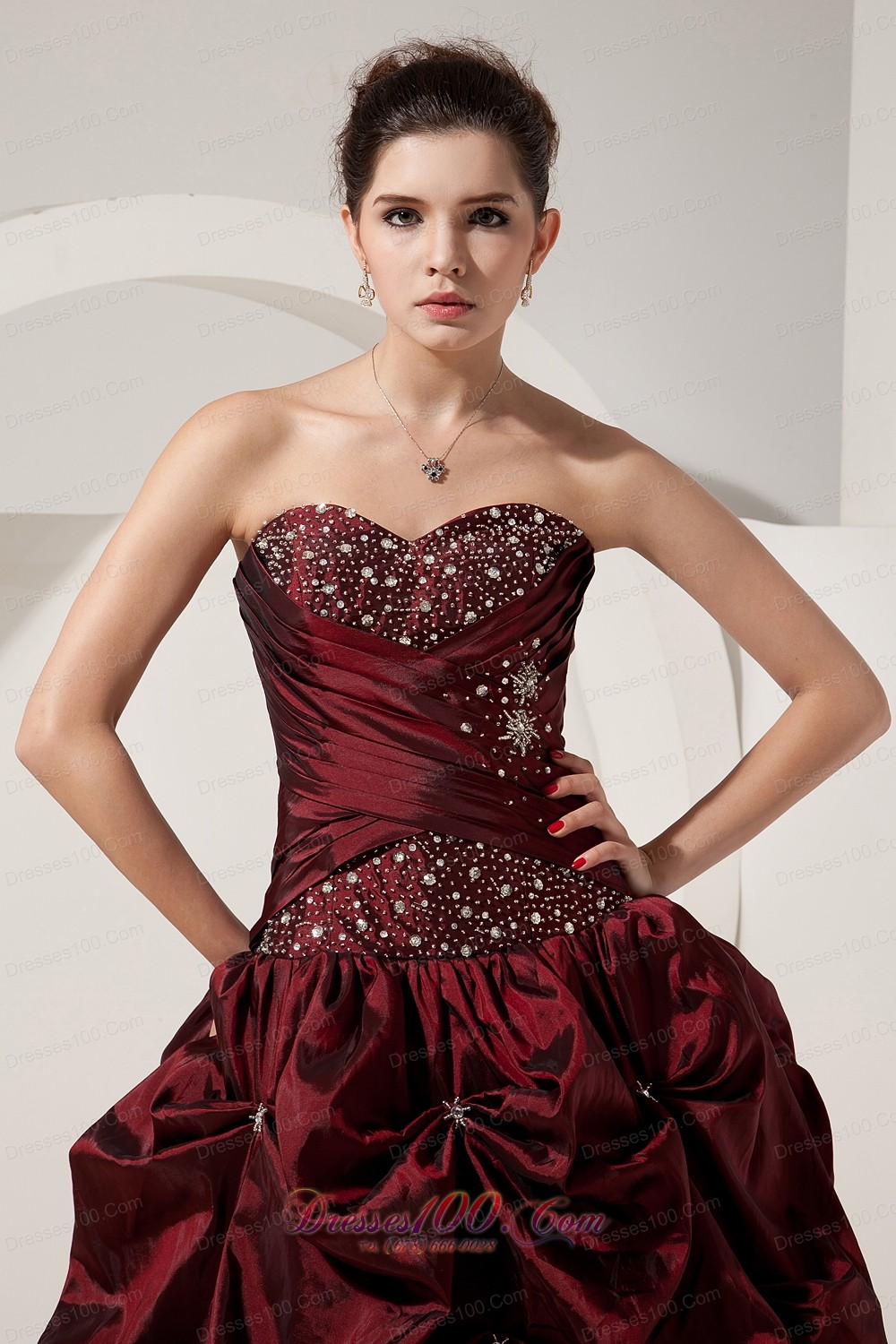 A-line Beading Taffeta Burgundy Dresses for Quinceaneras