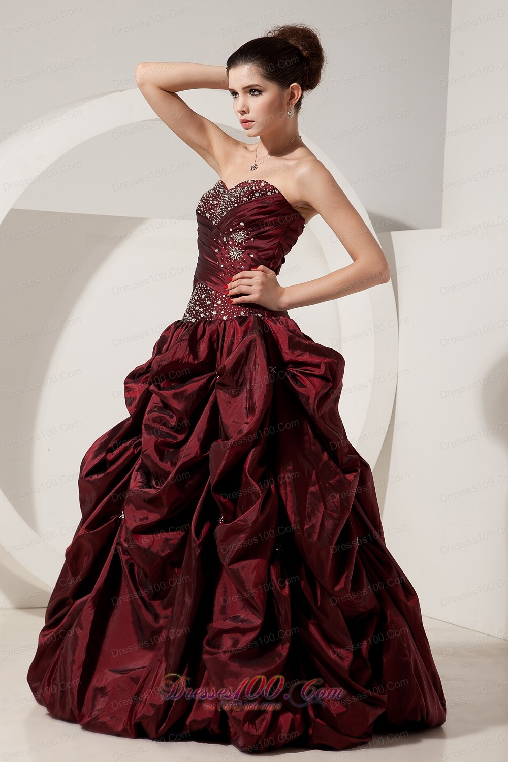 A-line Beading Taffeta Burgundy Dresses for Quinceaneras