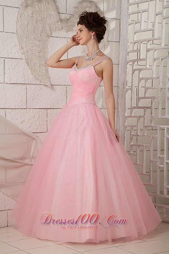 Straps Pink Ball Gown 15 Quinceanea Dress Tulle Beading