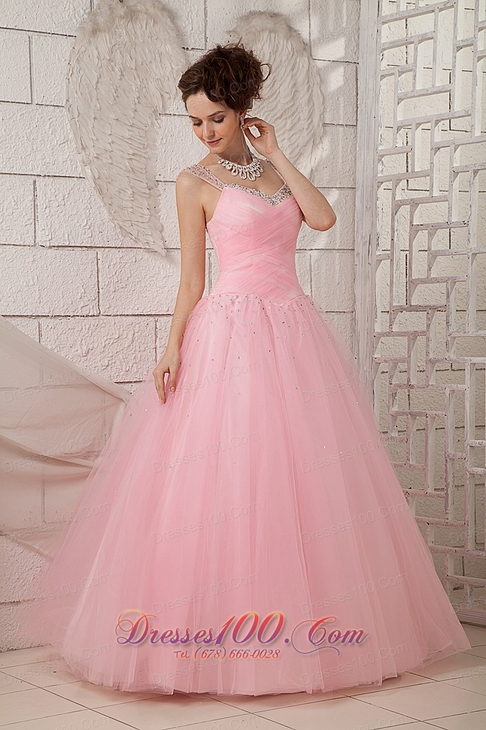 Straps Pink Ball Gown 15 Quinceanea Dress Tulle Beading