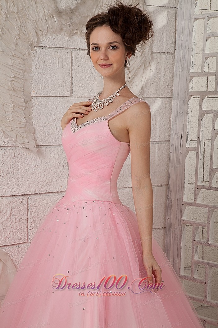 Straps Pink Ball Gown 15 Quinceanea Dress Tulle Beading