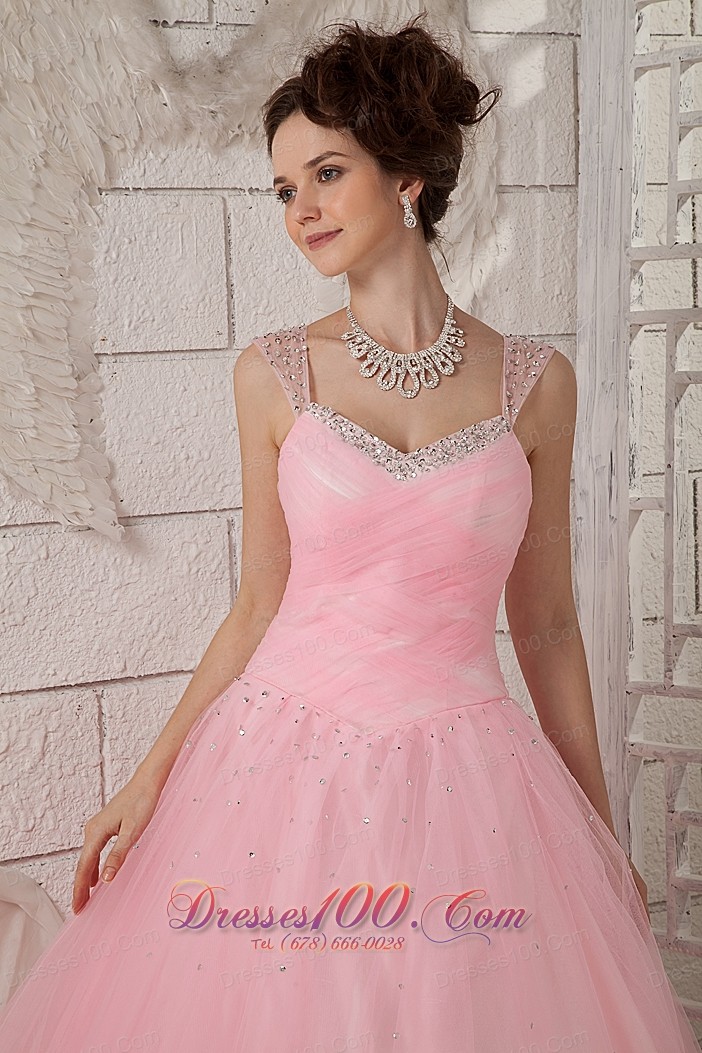 Straps Pink Ball Gown 15 Quinceanea Dress Tulle Beading