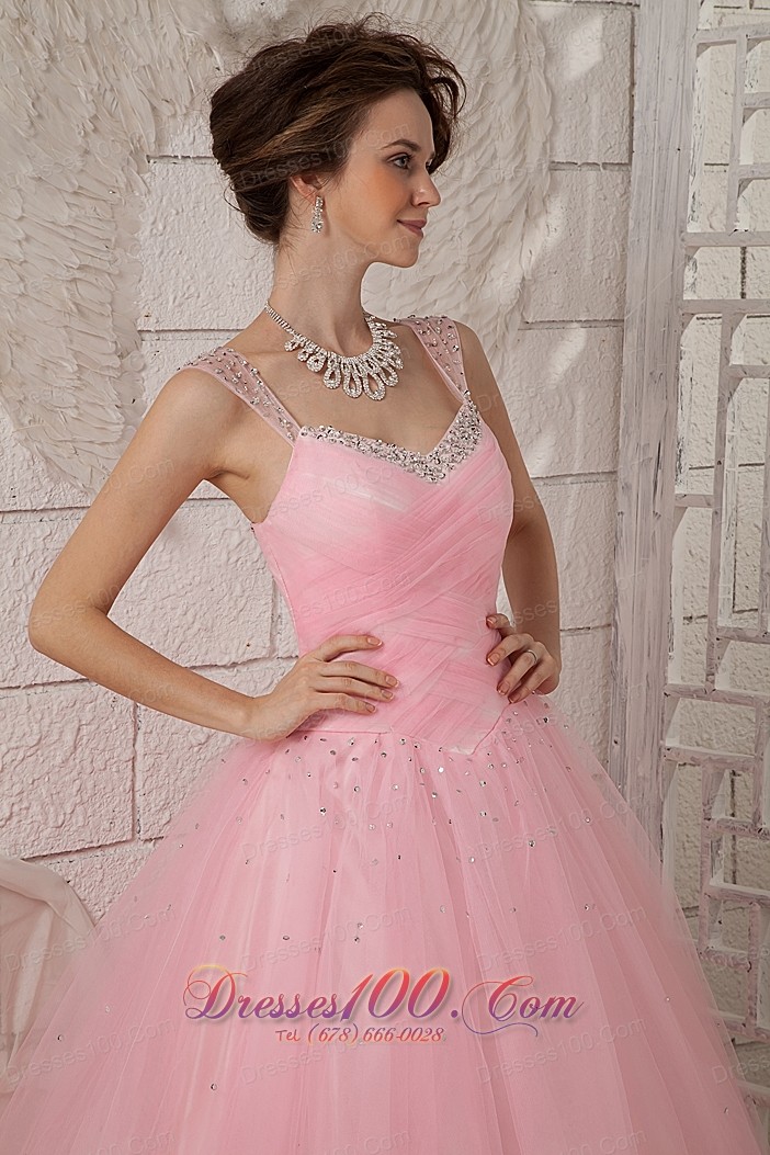 Straps Pink Ball Gown 15 Quinceanea Dress Tulle Beading