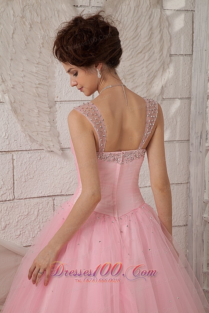 Straps Pink Ball Gown 15 Quinceanea Dress Tulle Beading
