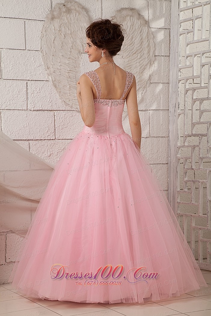 Straps Pink Ball Gown 15 Quinceanea Dress Tulle Beading
