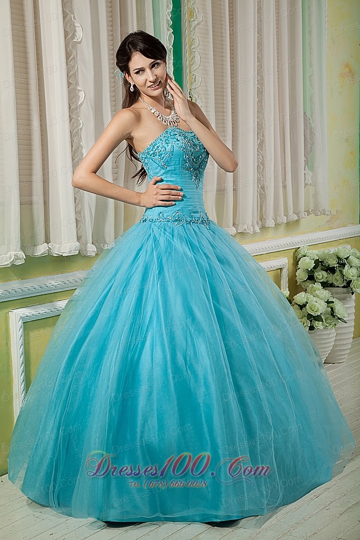 Beading Teal Ball Gown Sweetheart Dresses Of 15 Tulle