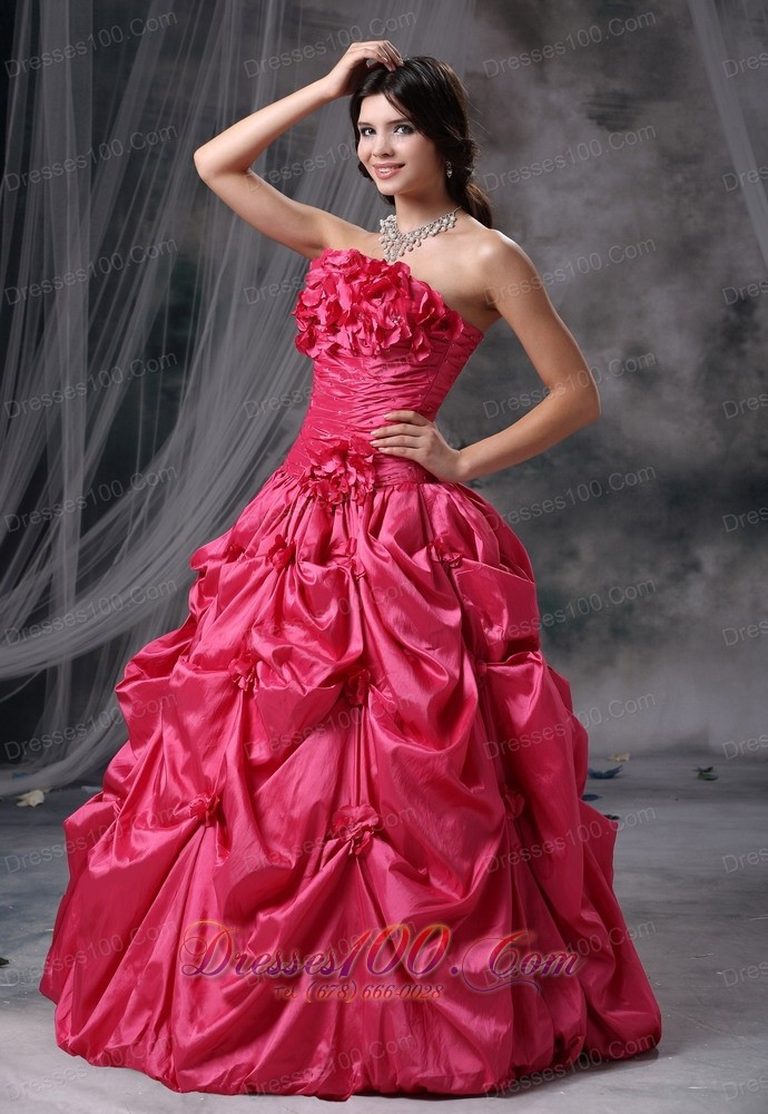 Coral Red Flowers and Pick-ups Decorate Ruch Ball Gown Dress