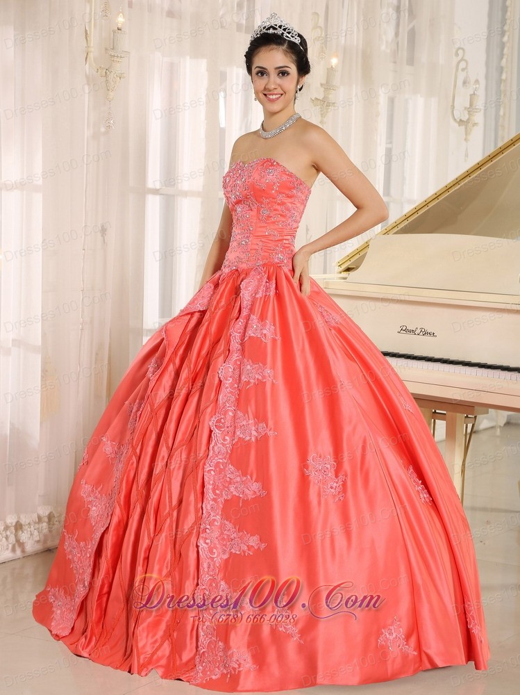 Watermelon Embroiery With Beading Quinceanera Gowns