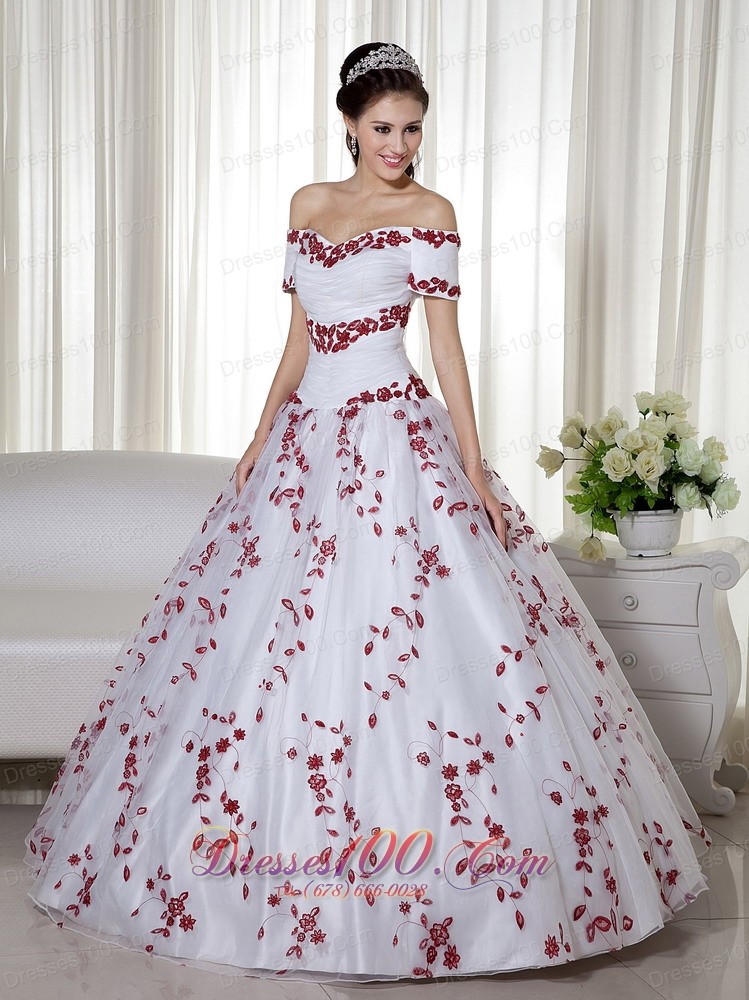 Off Shoulder Embroidery White and Red Quinceanera Dress