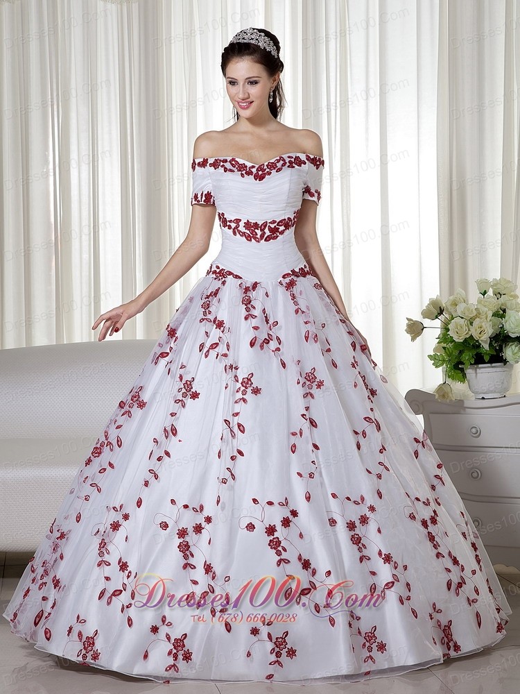Off Shoulder Embroidery White and Red Quinceanera Dress