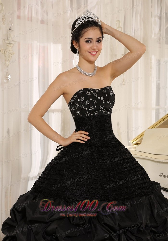 Appliqued Decorate Strapless Black Quinceanera Dress