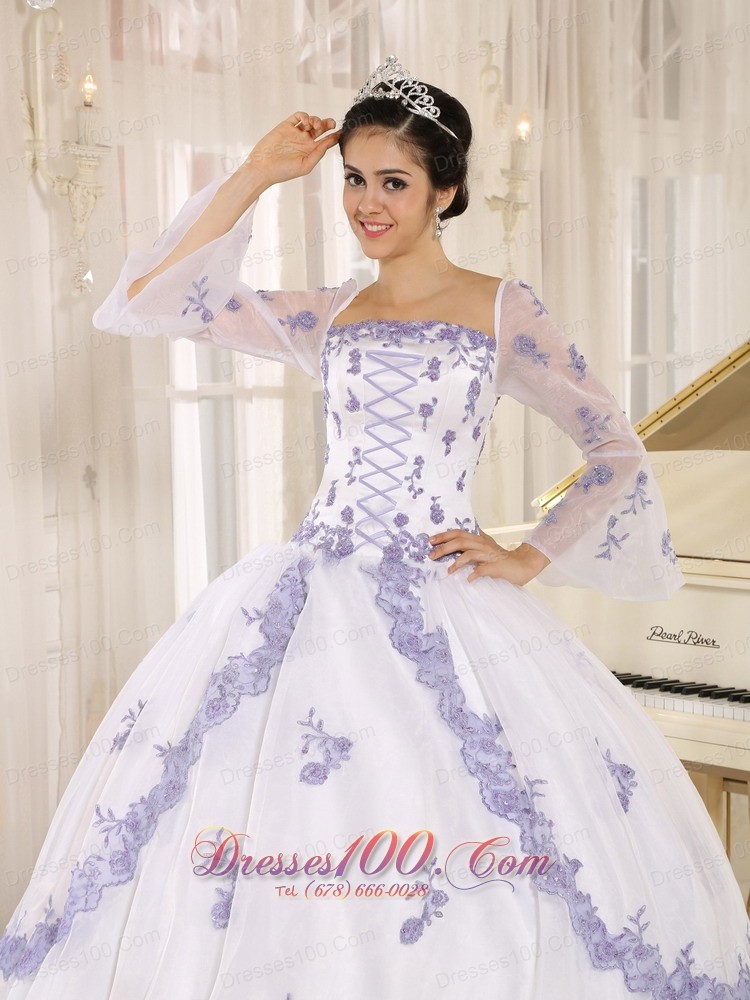 Lilac Embroidery White Organza Square Quinceanera Dress