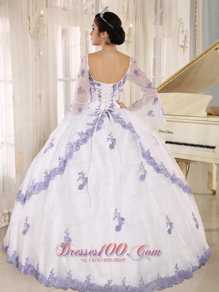 Lilac Embroidery White Organza Square Quinceanera Dress