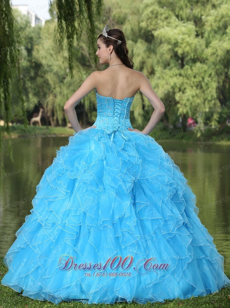 Ruffles Beaded Layered Aqua Blue Designer Quinceanera Dress
