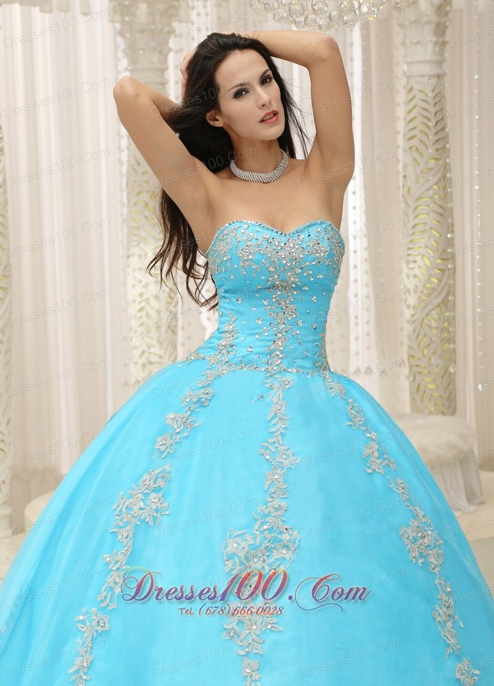 Appliques and Beaded Decorate Aqua Blue Quinceanera Dress