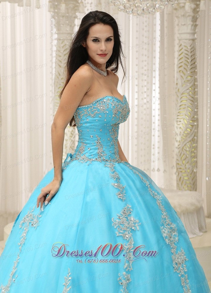 Appliques and Beaded Decorate Aqua Blue Quinceanera Dress
