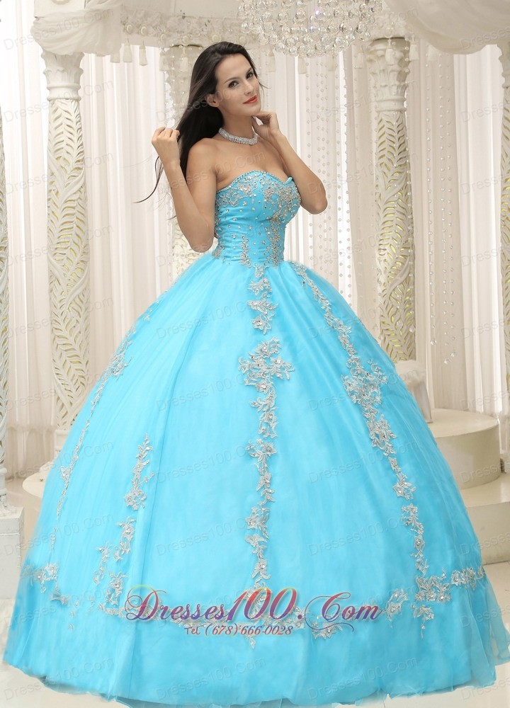Appliques and Beaded Decorate Aqua Blue Quinceanera Dress