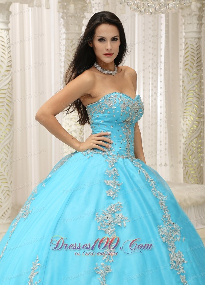 Appliques and Beaded Decorate Aqua Blue Quinceanera Dress