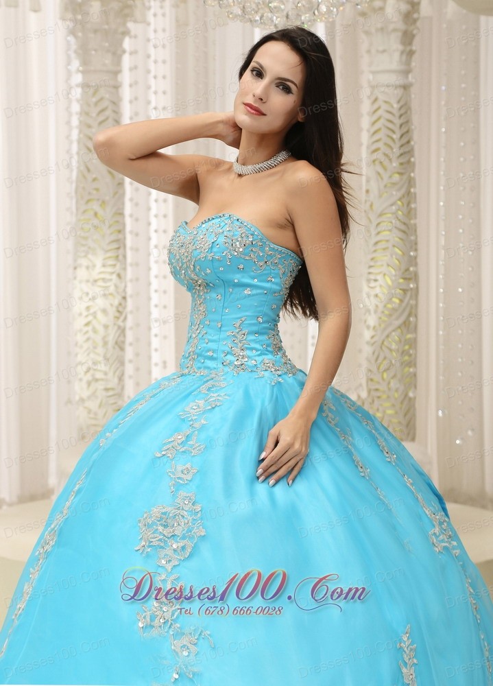Appliques and Beaded Decorate Aqua Blue Quinceanera Dress