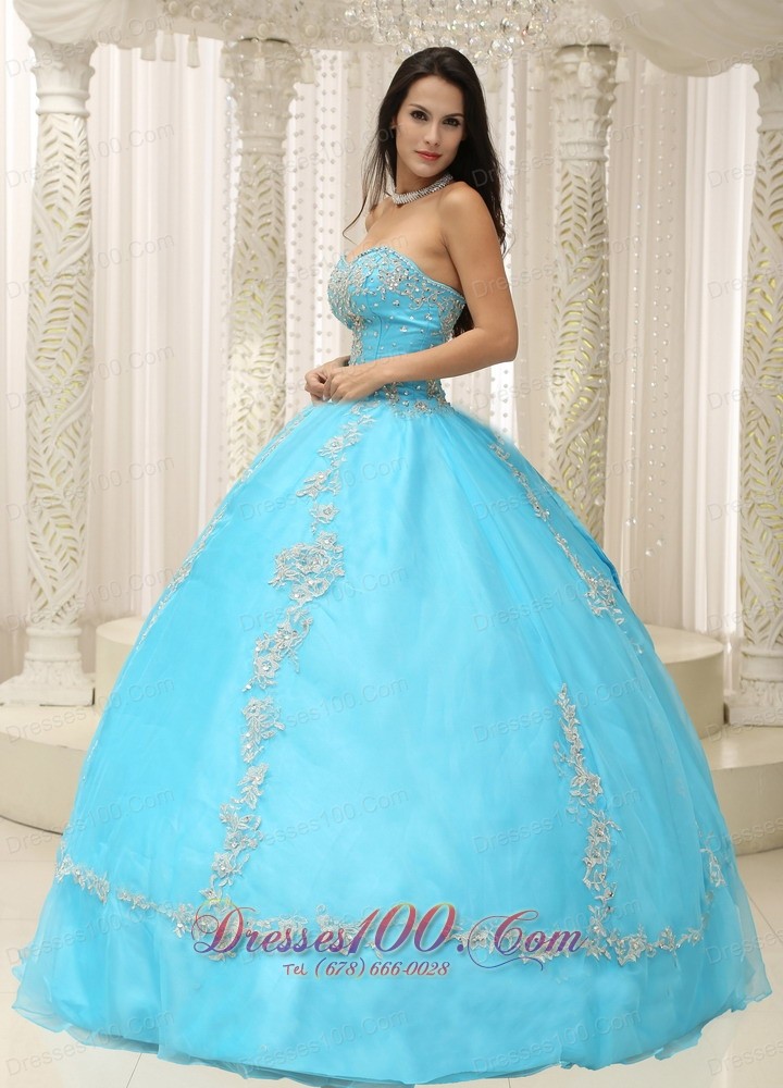 Appliques and Beaded Decorate Aqua Blue Quinceanera Dress
