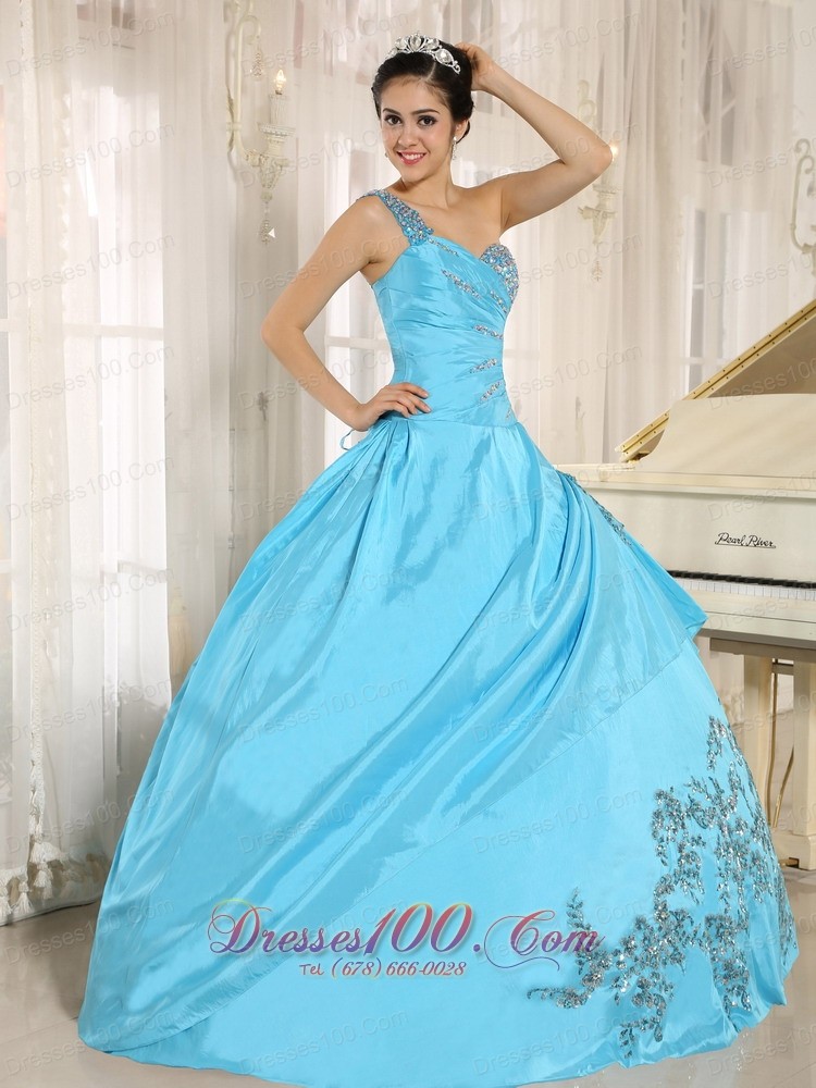 One Shoulder Baby Blue Quinceanera Dress Appliques and Beading