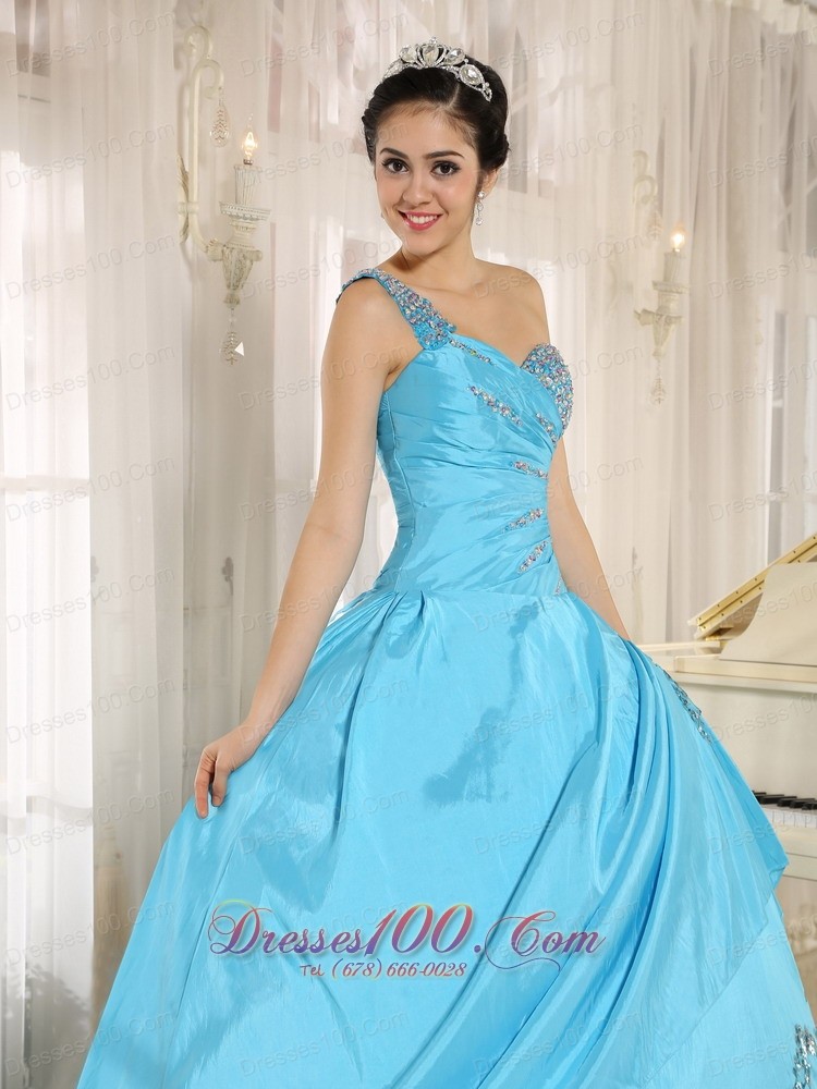 One Shoulder Baby Blue Quinceanera Dress Appliques and Beading